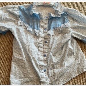 Vintage Blue Kids Blouse with Ruffle Accents